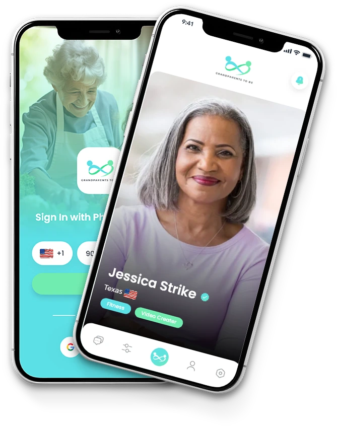 Two smartphones displaying the NaniBoo app with a grandparent profile and a phone number login screen, showing how families can connect with caring older adults.
